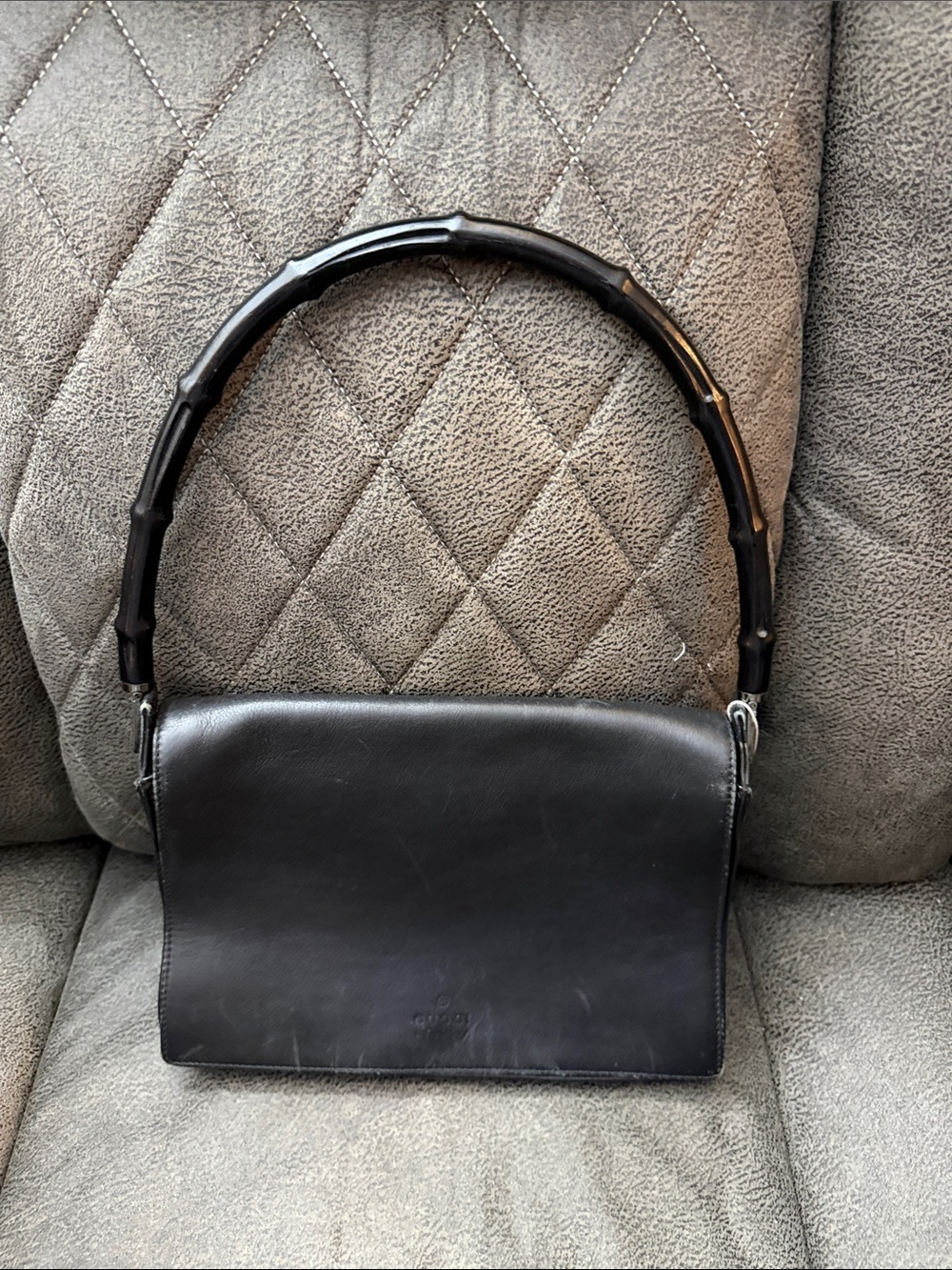 Gucci- Classic Black Leather Men's Shoulder Bag with Bamboo Handle